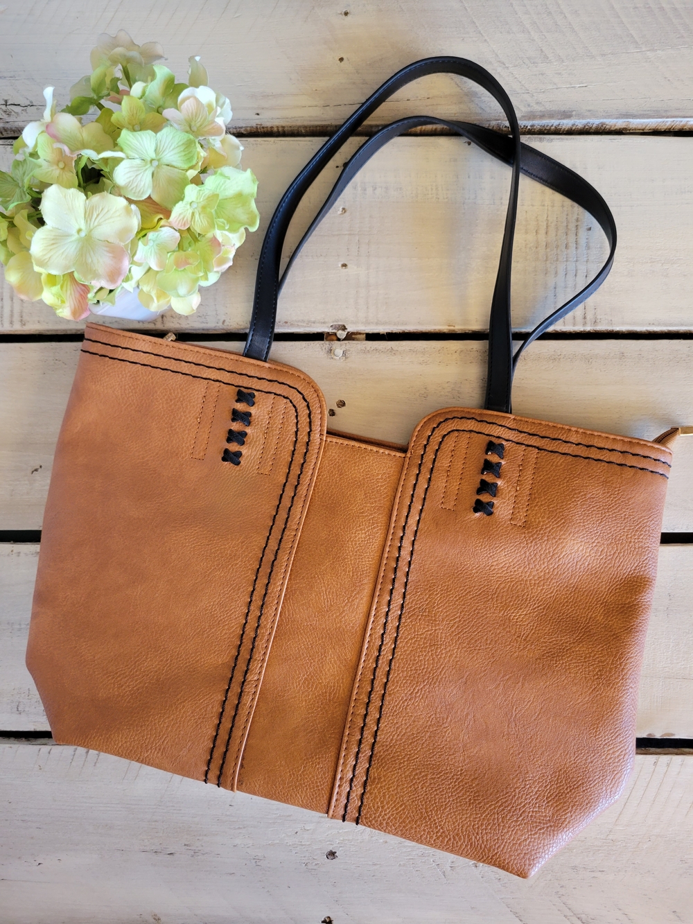 Montana West Tan Tote with Black Straps